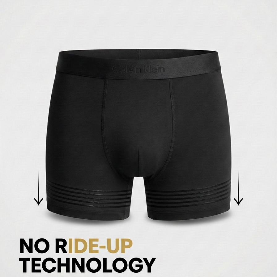 Black boxer briefs with 'No Ride-Up Technology' text on a light gray background